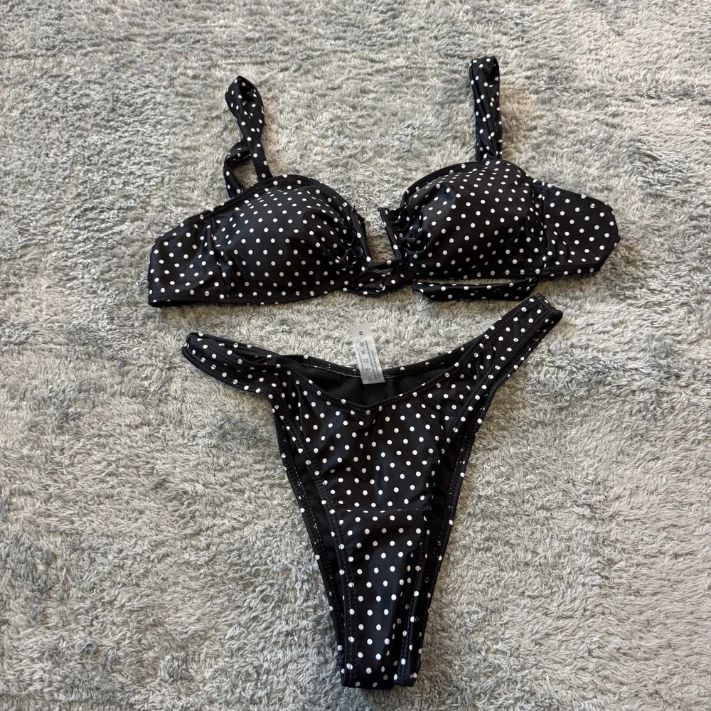 Boutique Polka Dot Bikini Set Medium Black White High Cut Underwire